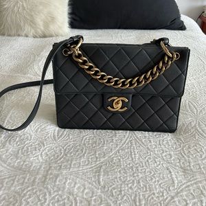 Chanel crossbody with chain top handle, gray caviar leather
